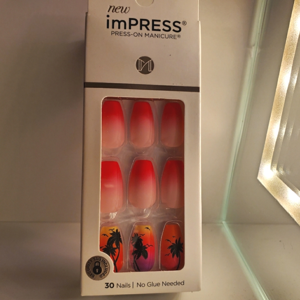 Impress Manicure Press On Nails Palm Tree Pink Ombre Summer